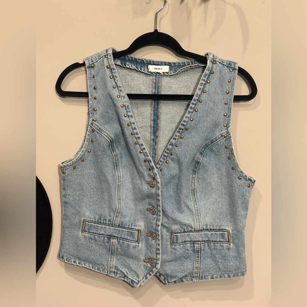 Forever 21 Blue Denim Vest with Stud Accents